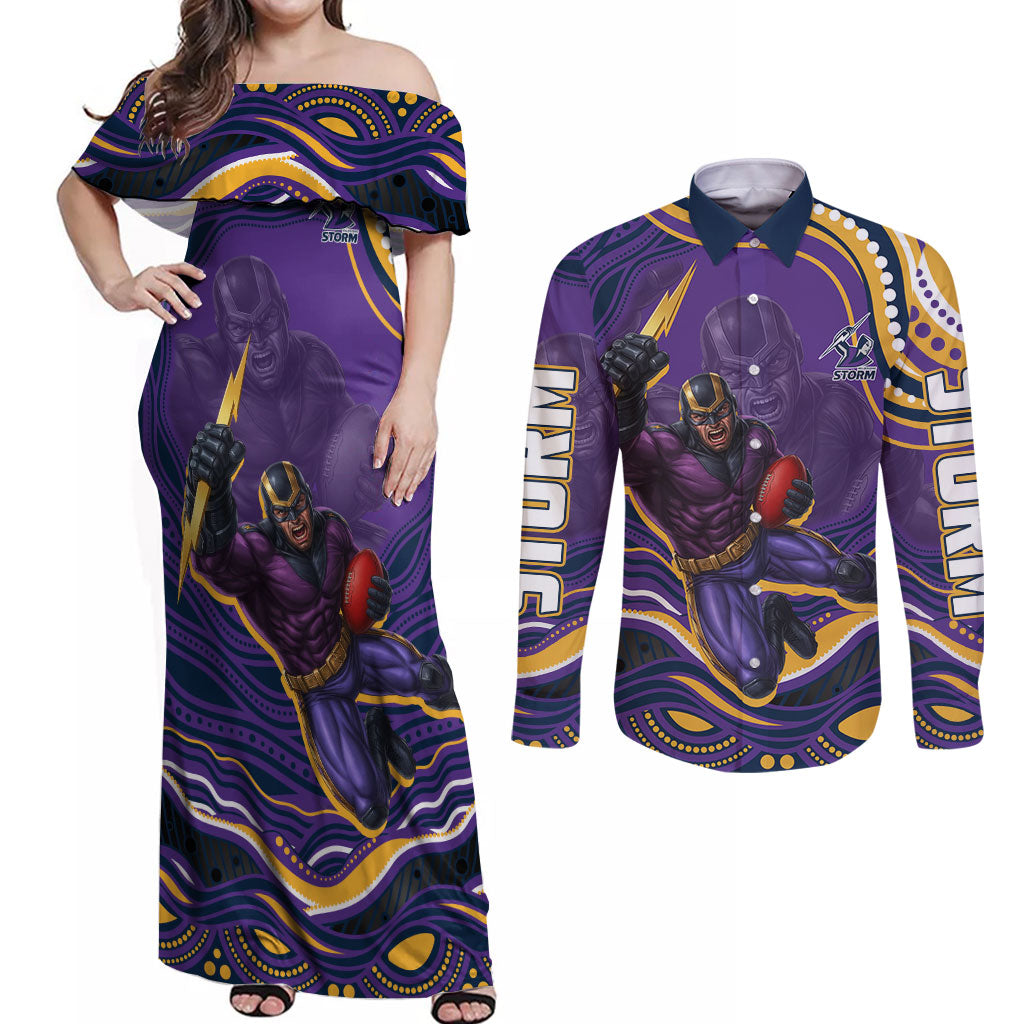 Personalized Gold Coast Titans Couples Matching Off Shoulder Maxi Dress and Long Sleeve Button Shirt Aboriginal Dot Art - Dreamtime Rugby Mascot