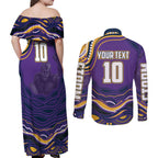 Personalized Gold Coast Titans Couples Matching Off Shoulder Maxi Dress and Long Sleeve Button Shirt Aboriginal Dot Art - Dreamtime Rugby Mascot