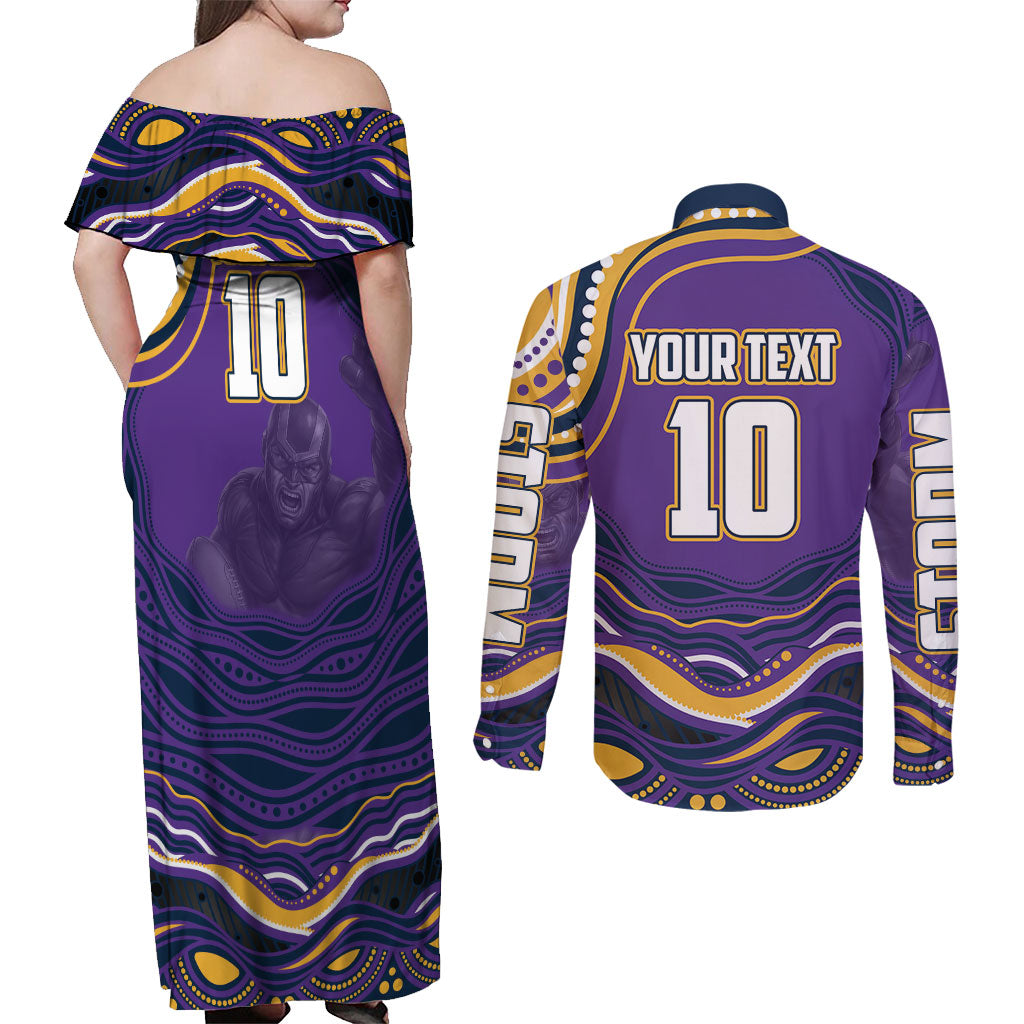 Personalized Gold Coast Titans Couples Matching Off Shoulder Maxi Dress and Long Sleeve Button Shirt Aboriginal Dot Art - Dreamtime Rugby Mascot