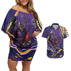 Personalized Gold Coast Titans Couples Matching Off Shoulder Short Dress and Hawaiian Shirt Aboriginal Dot Art - Dreamtime Rugby Mascot