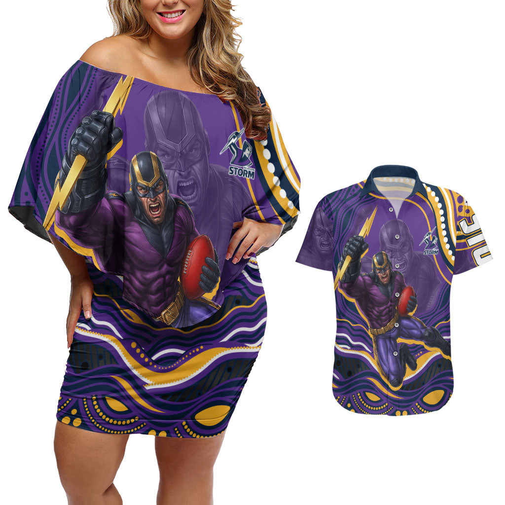 Personalized Gold Coast Titans Couples Matching Off Shoulder Short Dress and Hawaiian Shirt Aboriginal Dot Art - Dreamtime Rugby Mascot