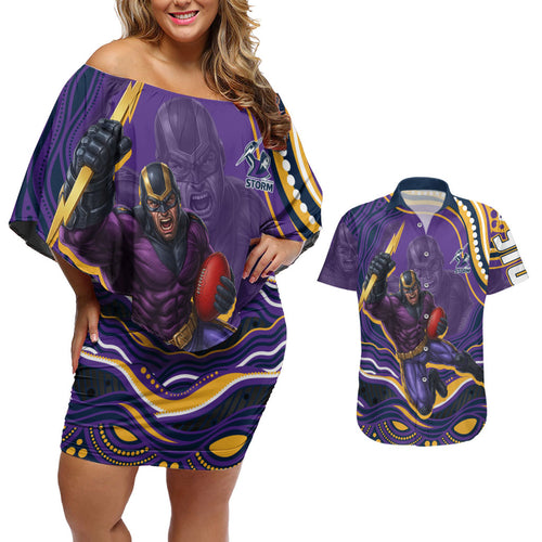 Personalized Gold Coast Titans Couples Matching Off Shoulder Short Dress and Hawaiian Shirt Aboriginal Dot Art - Dreamtime Rugby Mascot