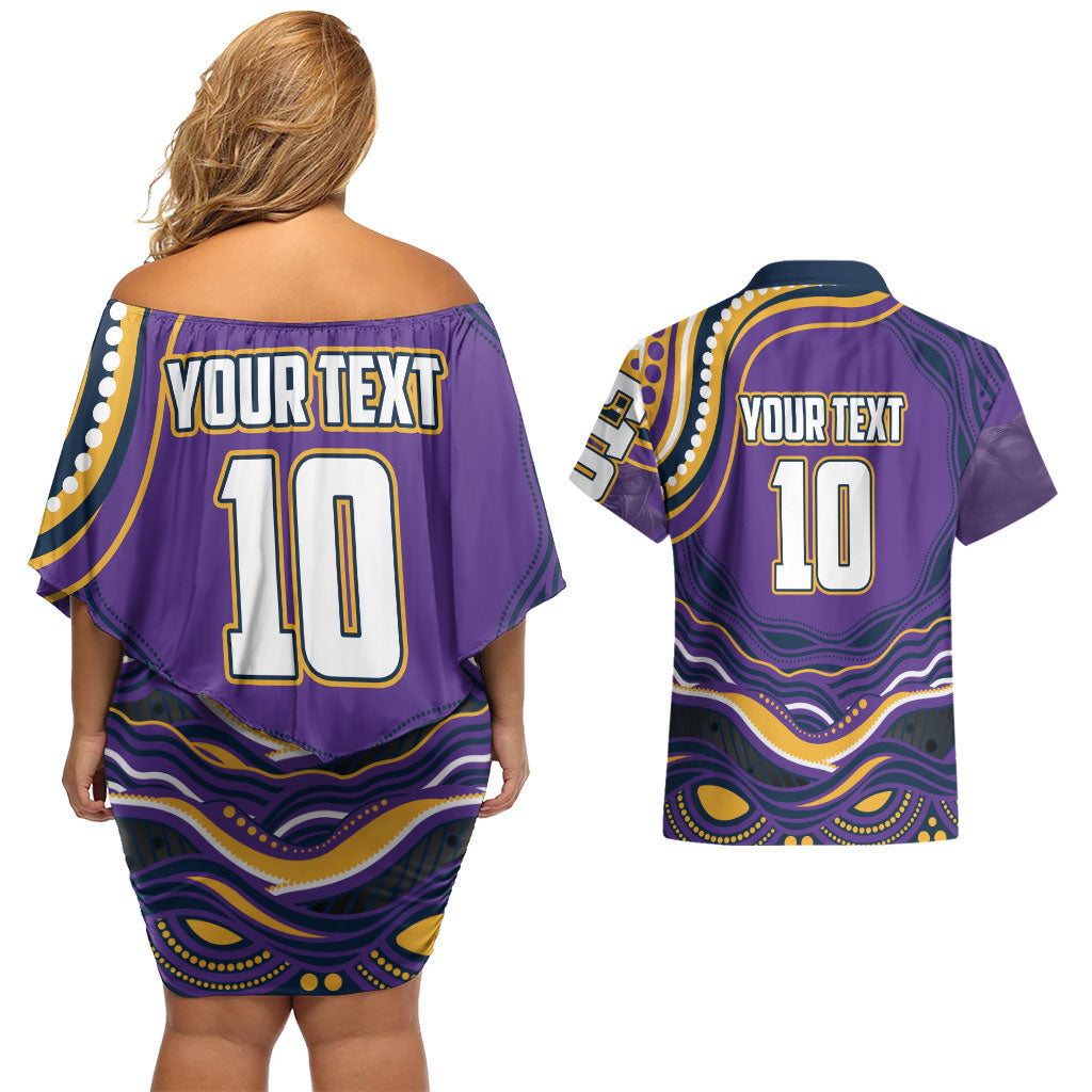 Personalized Gold Coast Titans Couples Matching Off Shoulder Short Dress and Hawaiian Shirt Aboriginal Dot Art - Dreamtime Rugby Mascot