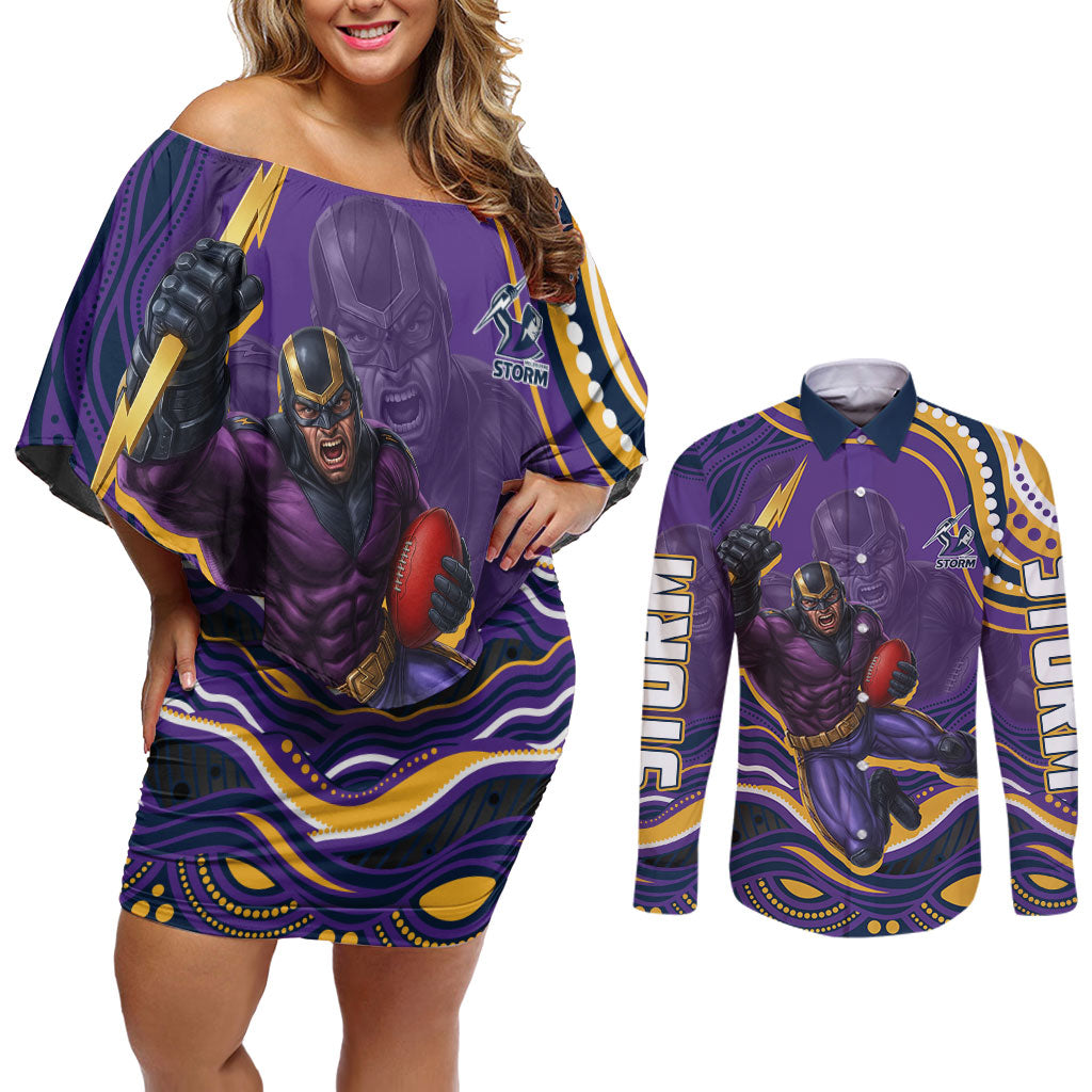 Personalized Gold Coast Titans Couples Matching Off Shoulder Short Dress and Long Sleeve Button Shirt Aboriginal Dot Art - Dreamtime Rugby Mascot