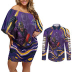 Personalized Gold Coast Titans Couples Matching Off Shoulder Short Dress and Long Sleeve Button Shirt Aboriginal Dot Art - Dreamtime Rugby Mascot