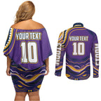 Personalized Gold Coast Titans Couples Matching Off Shoulder Short Dress and Long Sleeve Button Shirt Aboriginal Dot Art - Dreamtime Rugby Mascot