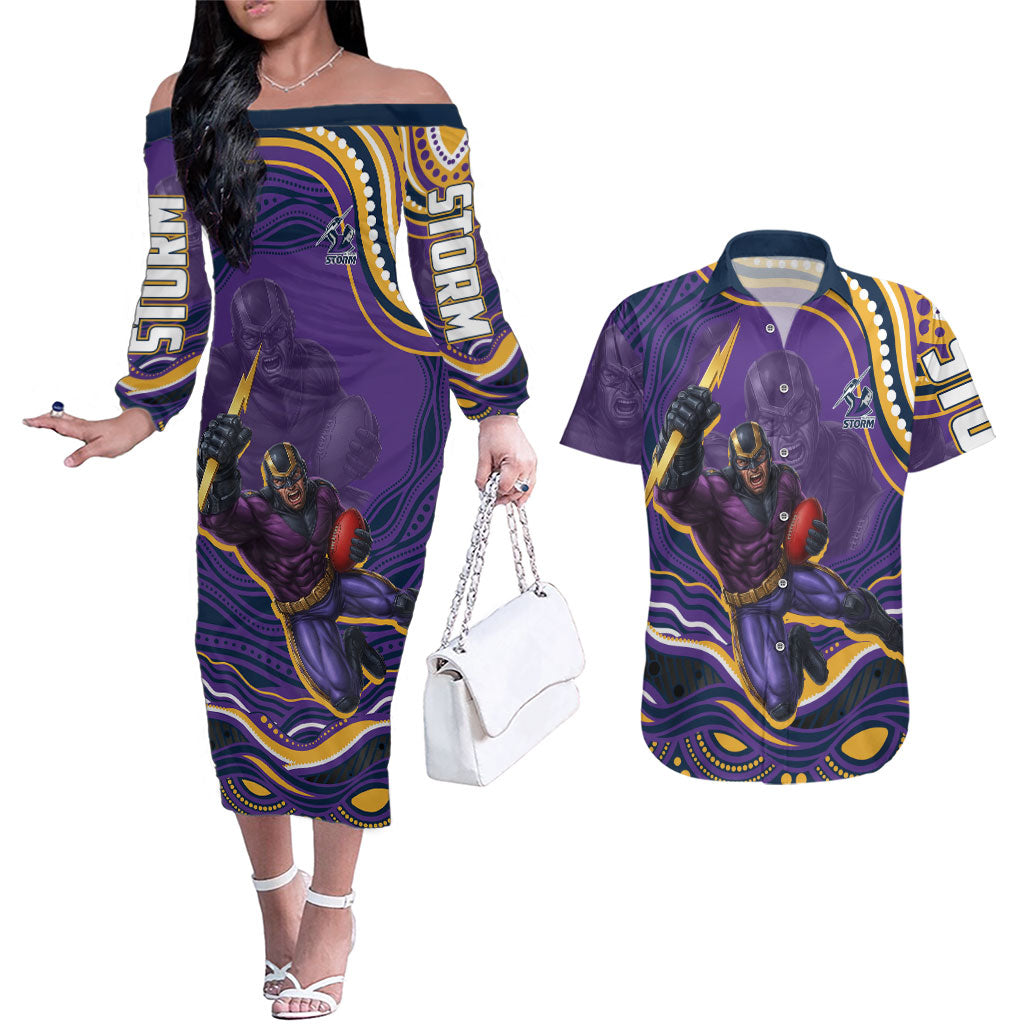 Personalized Gold Coast Titans Couples Matching Off The Shoulder Long Sleeve Dress and Hawaiian Shirt Aboriginal Dot Art - Dreamtime Rugby Mascot
