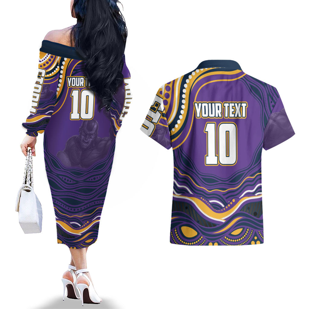 Personalized Gold Coast Titans Couples Matching Off The Shoulder Long Sleeve Dress and Hawaiian Shirt Aboriginal Dot Art - Dreamtime Rugby Mascot