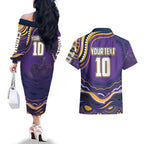 Personalized Gold Coast Titans Couples Matching Off The Shoulder Long Sleeve Dress and Hawaiian Shirt Aboriginal Dot Art - Dreamtime Rugby Mascot