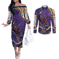 Personalized Gold Coast Titans Couples Matching Off The Shoulder Long Sleeve Dress and Long Sleeve Button Shirt Aboriginal Dot Art - Dreamtime Rugby Mascot