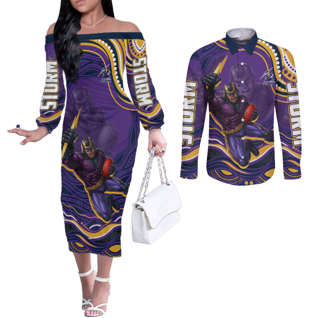 Personalized Gold Coast Titans Couples Matching Off The Shoulder Long Sleeve Dress and Long Sleeve Button Shirt Aboriginal Dot Art - Dreamtime Rugby Mascot