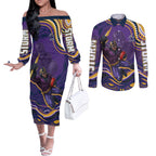 Personalized Gold Coast Titans Couples Matching Off The Shoulder Long Sleeve Dress and Long Sleeve Button Shirt Aboriginal Dot Art - Dreamtime Rugby Mascot