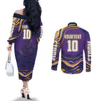 Personalized Gold Coast Titans Couples Matching Off The Shoulder Long Sleeve Dress and Long Sleeve Button Shirt Aboriginal Dot Art - Dreamtime Rugby Mascot