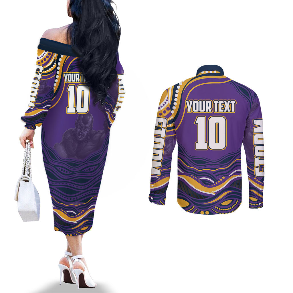 Personalized Gold Coast Titans Couples Matching Off The Shoulder Long Sleeve Dress and Long Sleeve Button Shirt Aboriginal Dot Art - Dreamtime Rugby Mascot