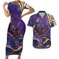 Personalized Gold Coast Titans Couples Matching Short Sleeve Bodycon Dress and Hawaiian Shirt Aboriginal Dot Art - Dreamtime Rugby Mascot