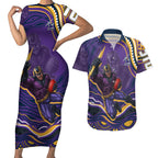 Personalized Gold Coast Titans Couples Matching Short Sleeve Bodycon Dress and Hawaiian Shirt Aboriginal Dot Art - Dreamtime Rugby Mascot
