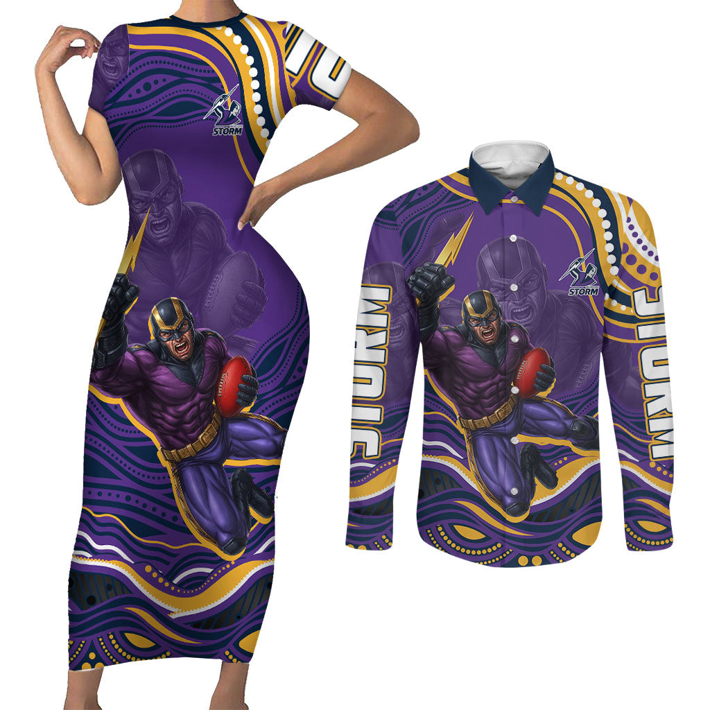 Personalized Gold Coast Titans Couples Matching Short Sleeve Bodycon Dress and Long Sleeve Button Shirt Aboriginal Dot Art - Dreamtime Rugby Mascot