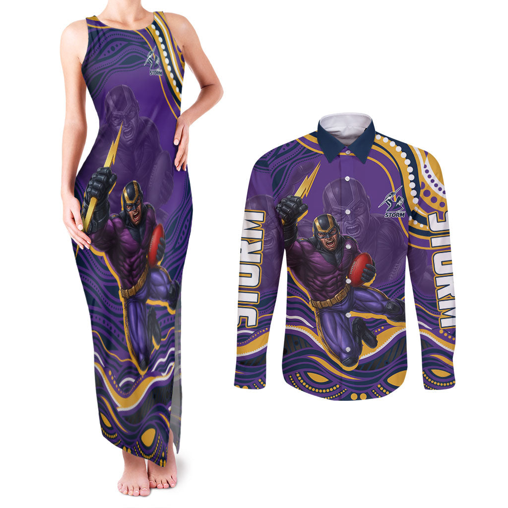 Personalized Gold Coast Titans Couples Matching Tank Maxi Dress and Long Sleeve Button Shirt Aboriginal Dot Art - Dreamtime Rugby Mascot