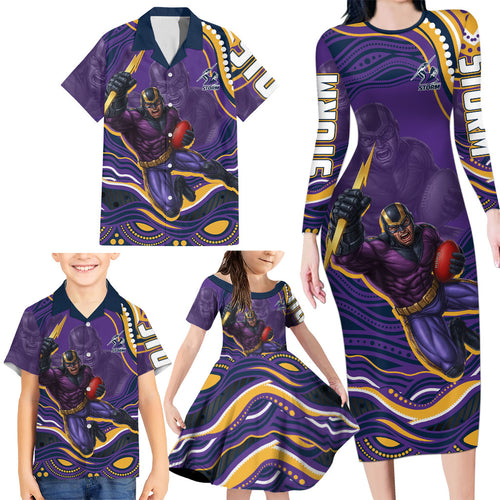 Personalized Gold Coast Titans Family Matching Long Sleeve Bodycon Dress and Hawaiian Shirt Aboriginal Dot Art - Dreamtime Rugby Mascot