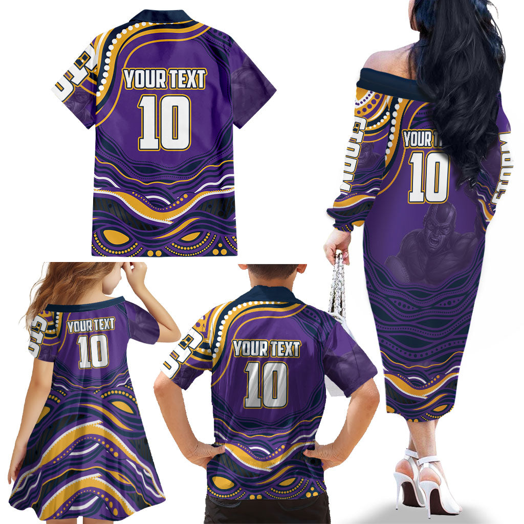 Personalized Gold Coast Titans Family Matching Off The Shoulder Long Sleeve Dress and Hawaiian Shirt Aboriginal Dot Art - Dreamtime Rugby Mascot
