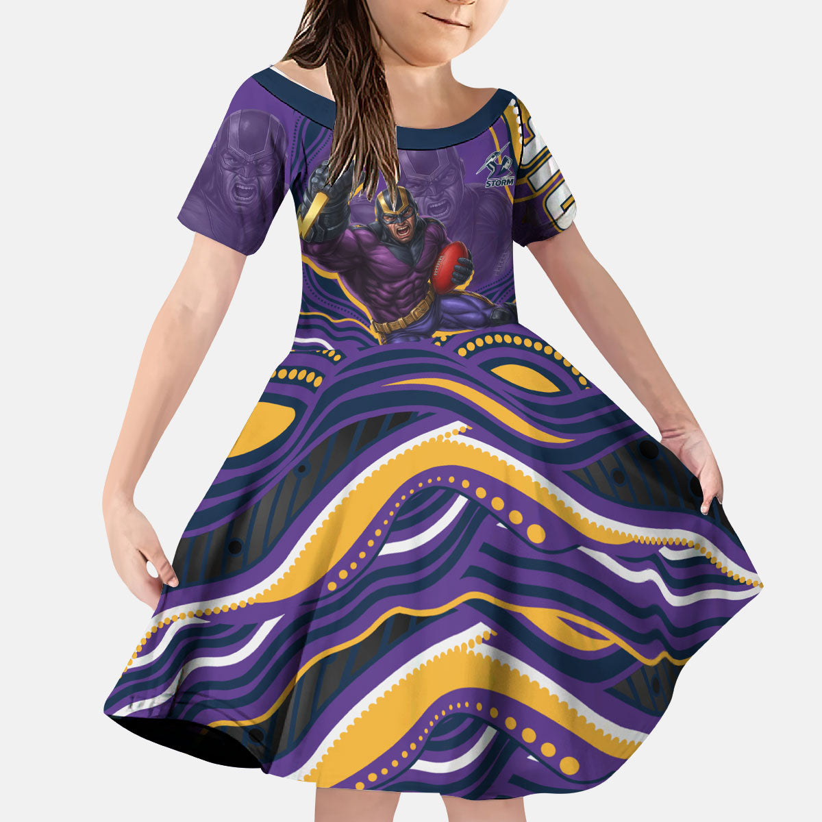 Personalized Gold Coast Titans Kid Short Sleeve Dress Aboriginal Dot Art - Dreamtime Rugby Mascot