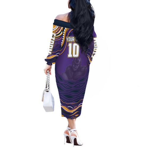 Personalized Gold Coast Titans Off The Shoulder Long Sleeve Dress Aboriginal Dot Art - Dreamtime Rugby Mascot