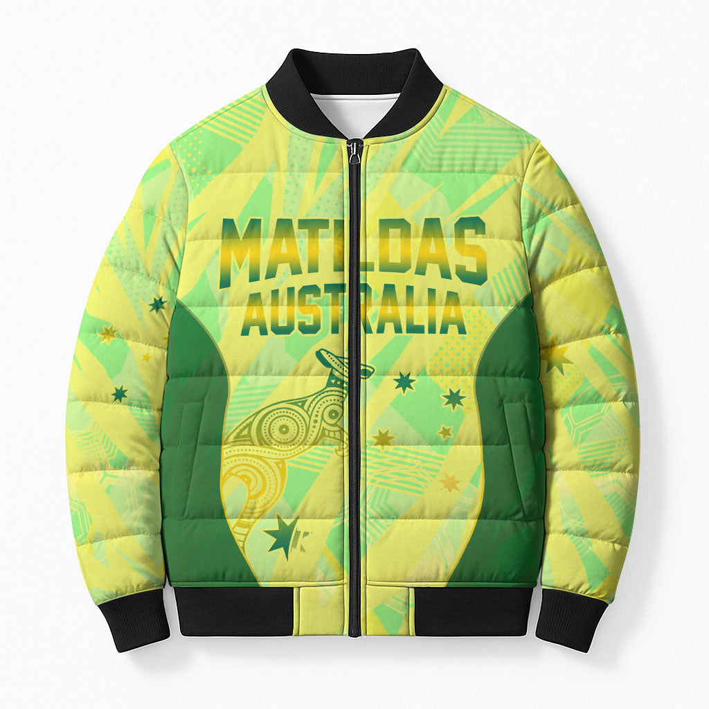 Matildas Australia Go Champions Bomber Puffer Jacket Indigenous Dot Art Kangaroo Southern Cross Stars