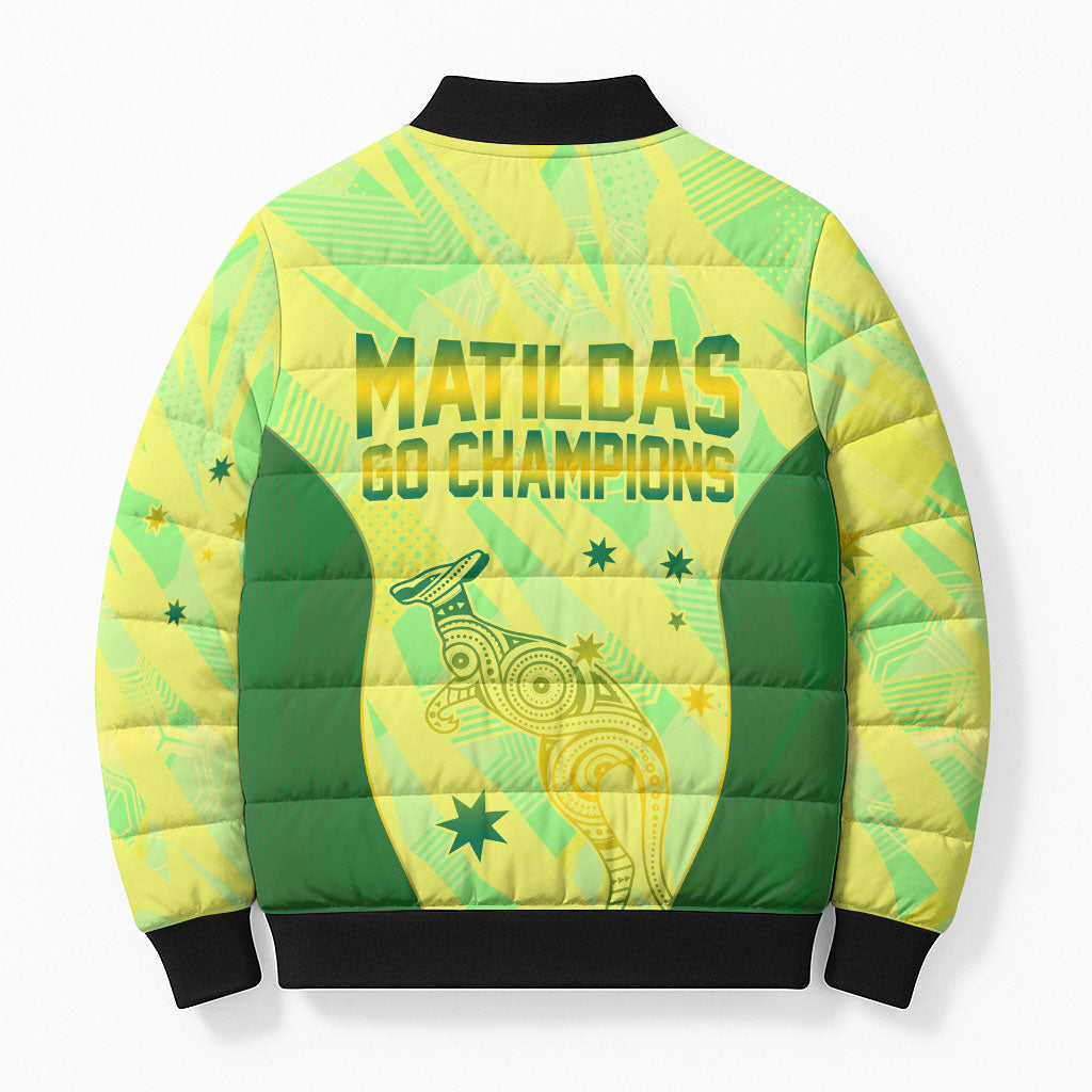 Matildas Australia Go Champions Bomber Puffer Jacket Indigenous Dot Art Kangaroo Southern Cross Stars