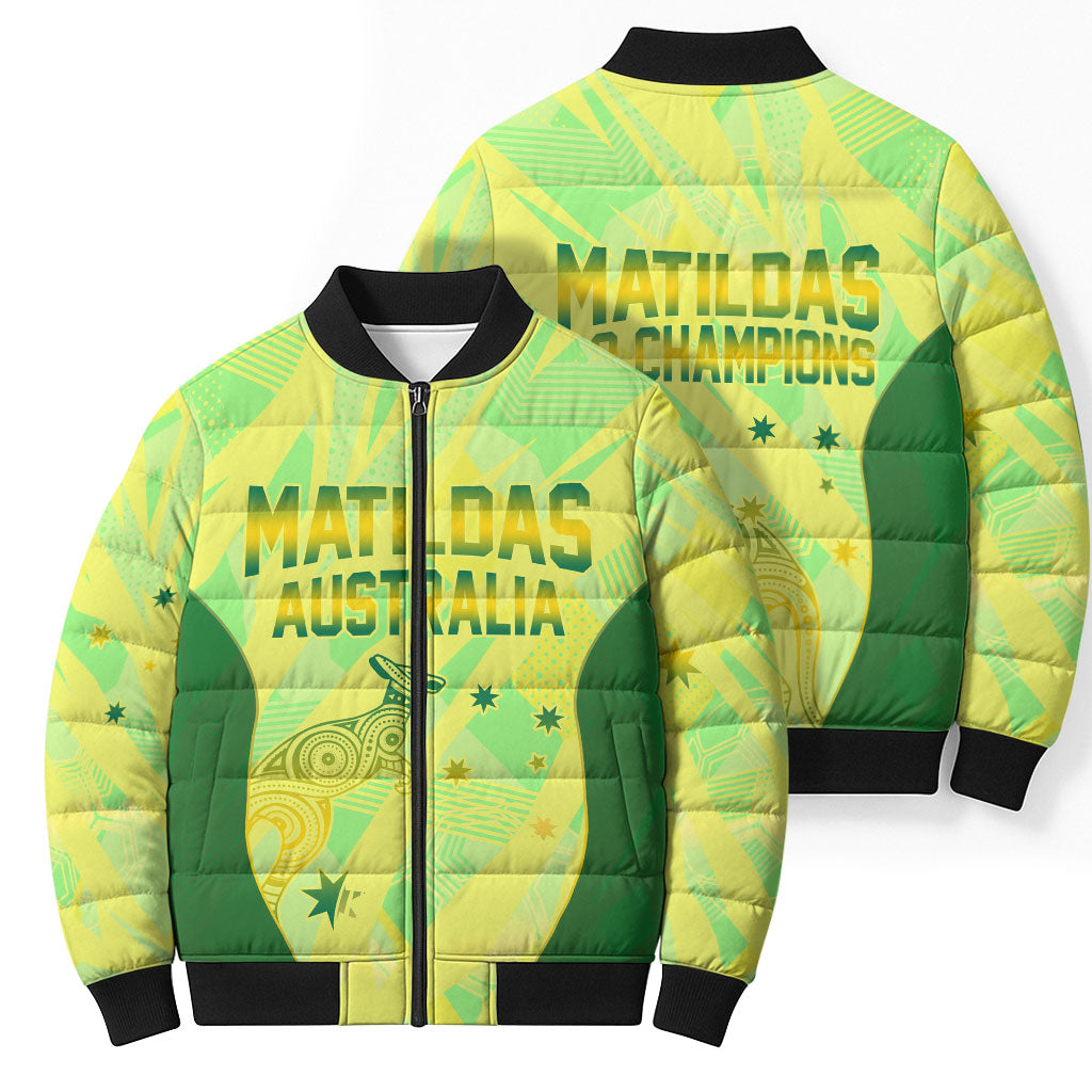 Matildas Australia Go Champions Bomber Puffer Jacket Indigenous Dot Art Kangaroo Southern Cross Stars