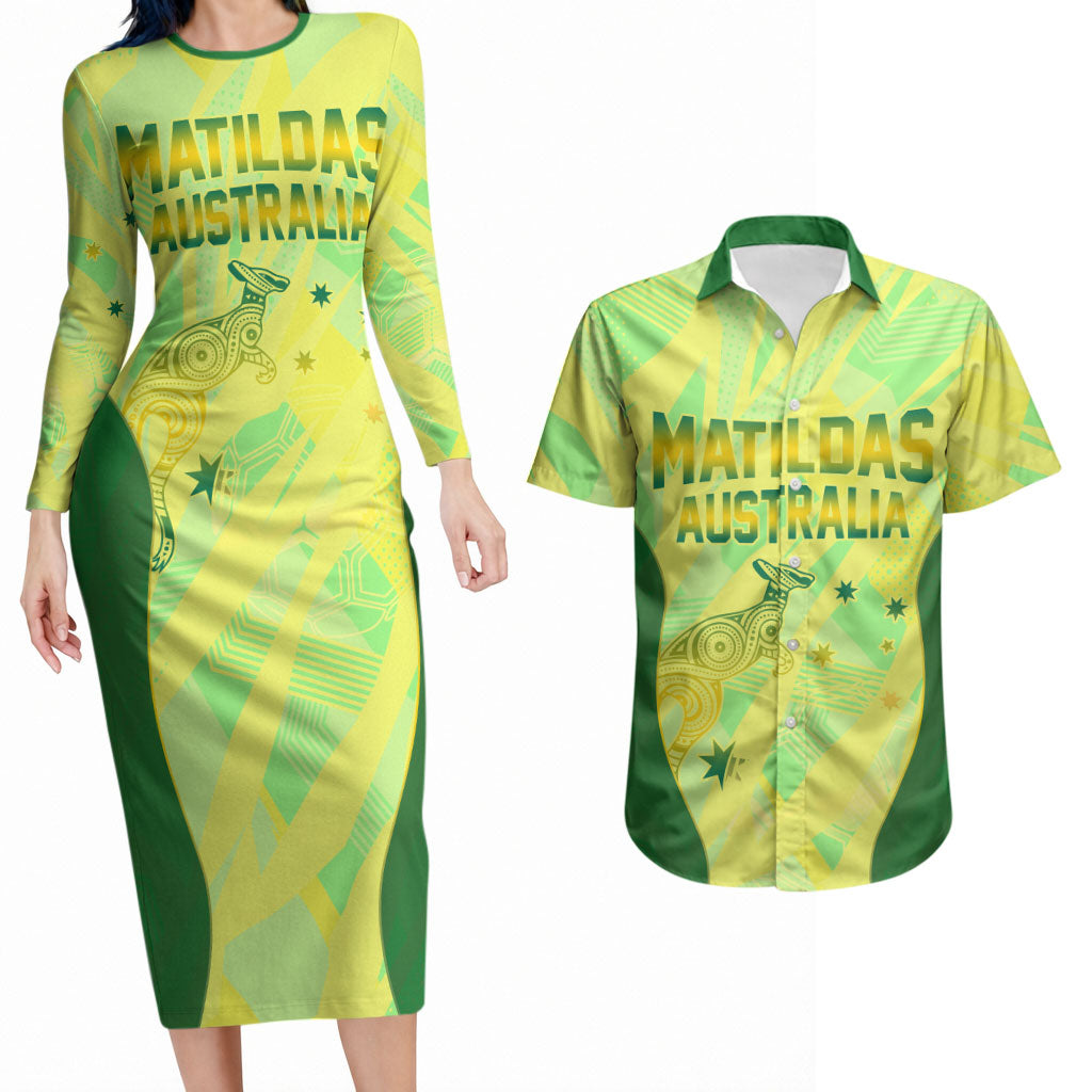 Matildas Australia Go Champions Couples Matching Long Sleeve Bodycon Dress and Hawaiian Shirt Indigenous Dot Art Kangaroo Southern Cross Stars