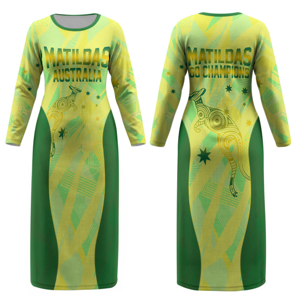 Matildas Australia Go Champions Couples Matching Long Sleeve Bodycon Dress and Hawaiian Shirt Indigenous Dot Art Kangaroo Southern Cross Stars