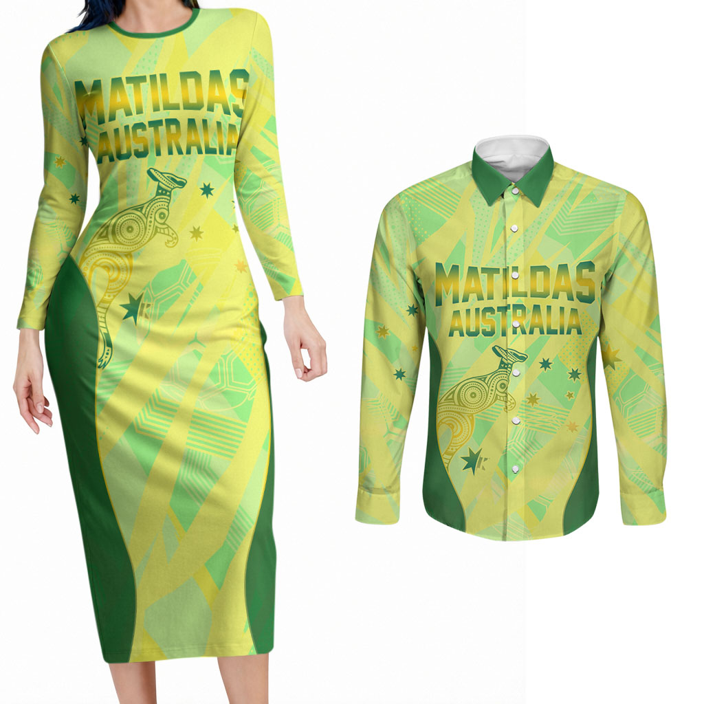 Matildas Australia Go Champions Couples Matching Long Sleeve Bodycon Dress and Long Sleeve Button Shirt Indigenous Dot Art Kangaroo Southern Cross Stars