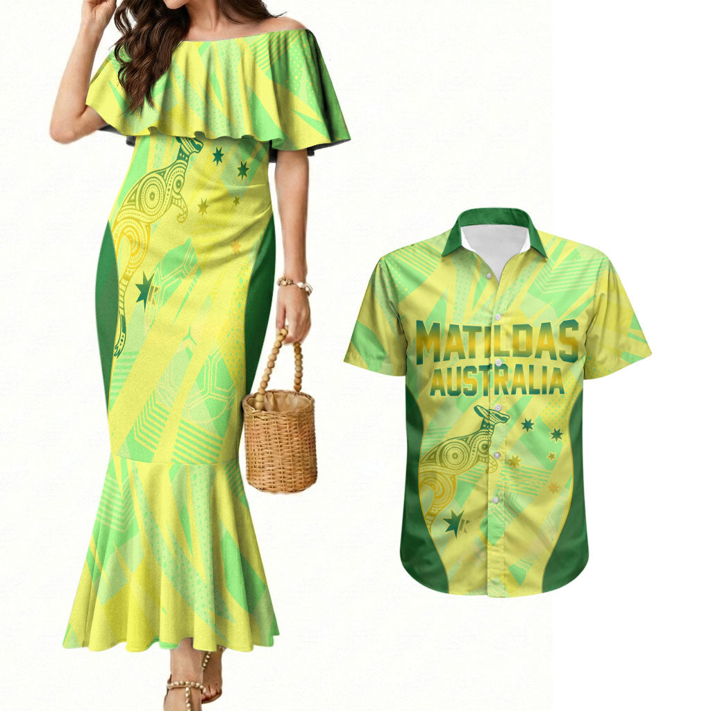 Matildas Australia Go Champions Couples Matching Mermaid Dress and Hawaiian Shirt Indigenous Dot Art Kangaroo Southern Cross Stars
