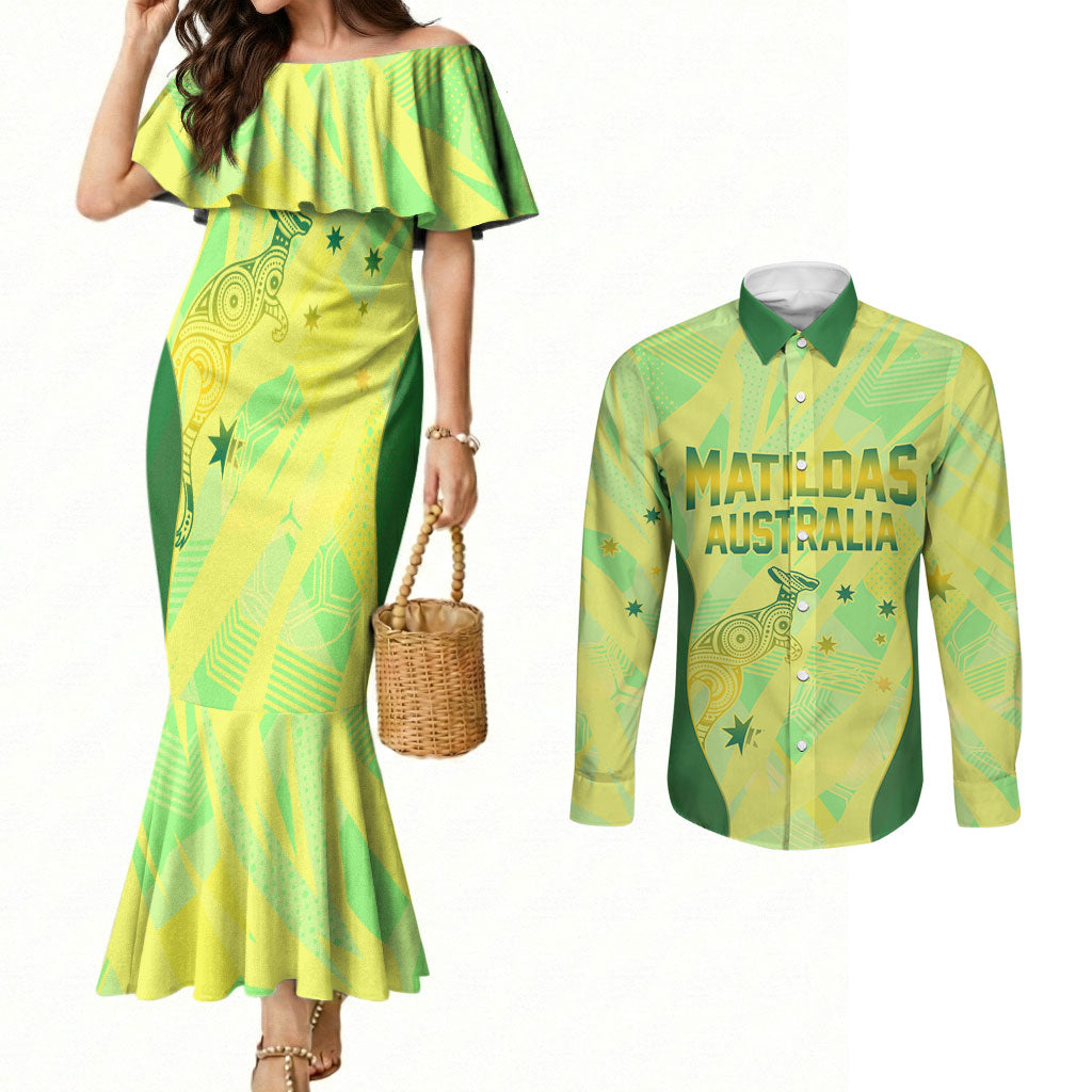 Matildas Australia Go Champions Couples Matching Mermaid Dress and Long Sleeve Button Shirt Indigenous Dot Art Kangaroo Southern Cross Stars