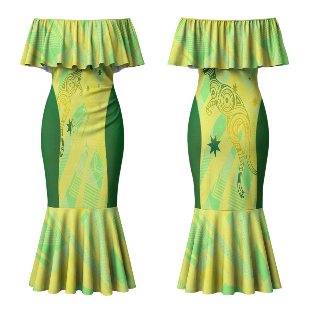 Matildas Australia Go Champions Couples Matching Mermaid Dress and Long Sleeve Button Shirt Indigenous Dot Art Kangaroo Southern Cross Stars