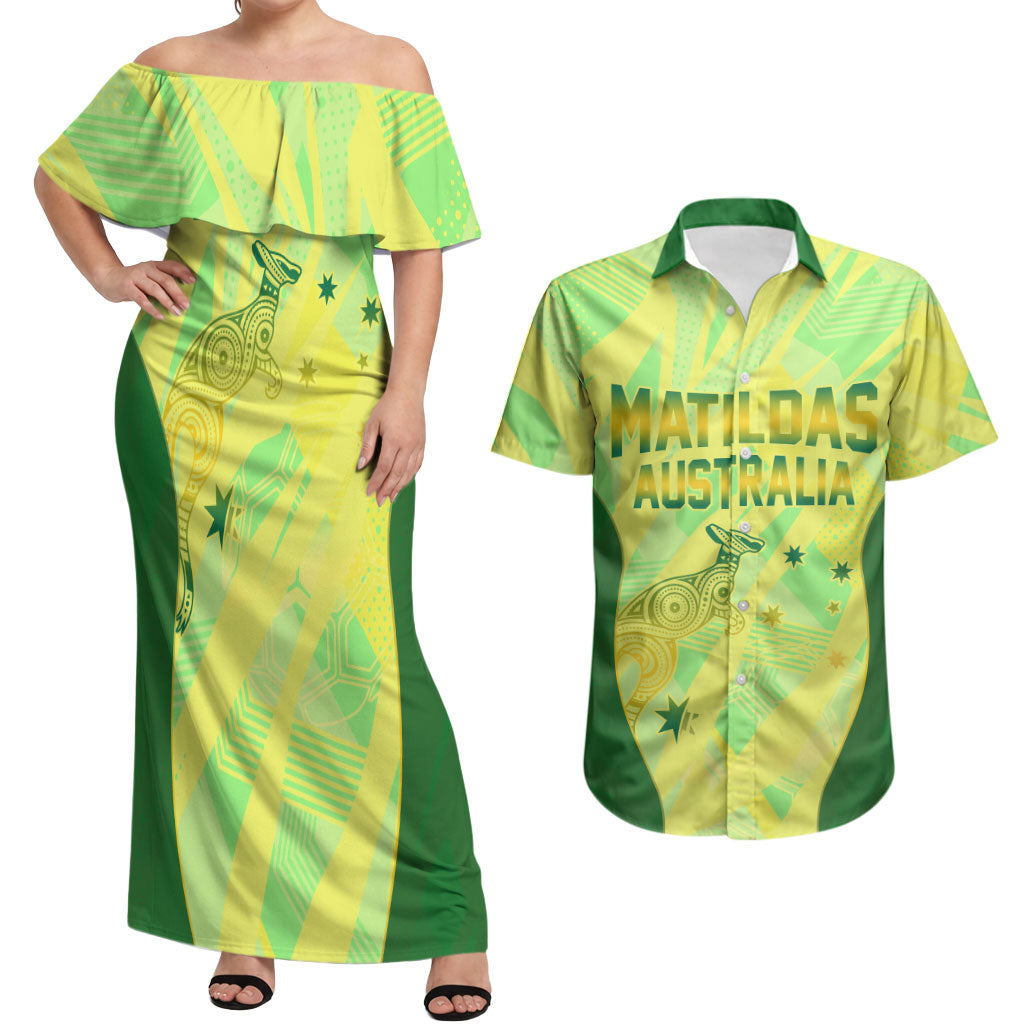 Matildas Australia Go Champions Couples Matching Off Shoulder Maxi Dress and Hawaiian Shirt Indigenous Dot Art Kangaroo Southern Cross Stars