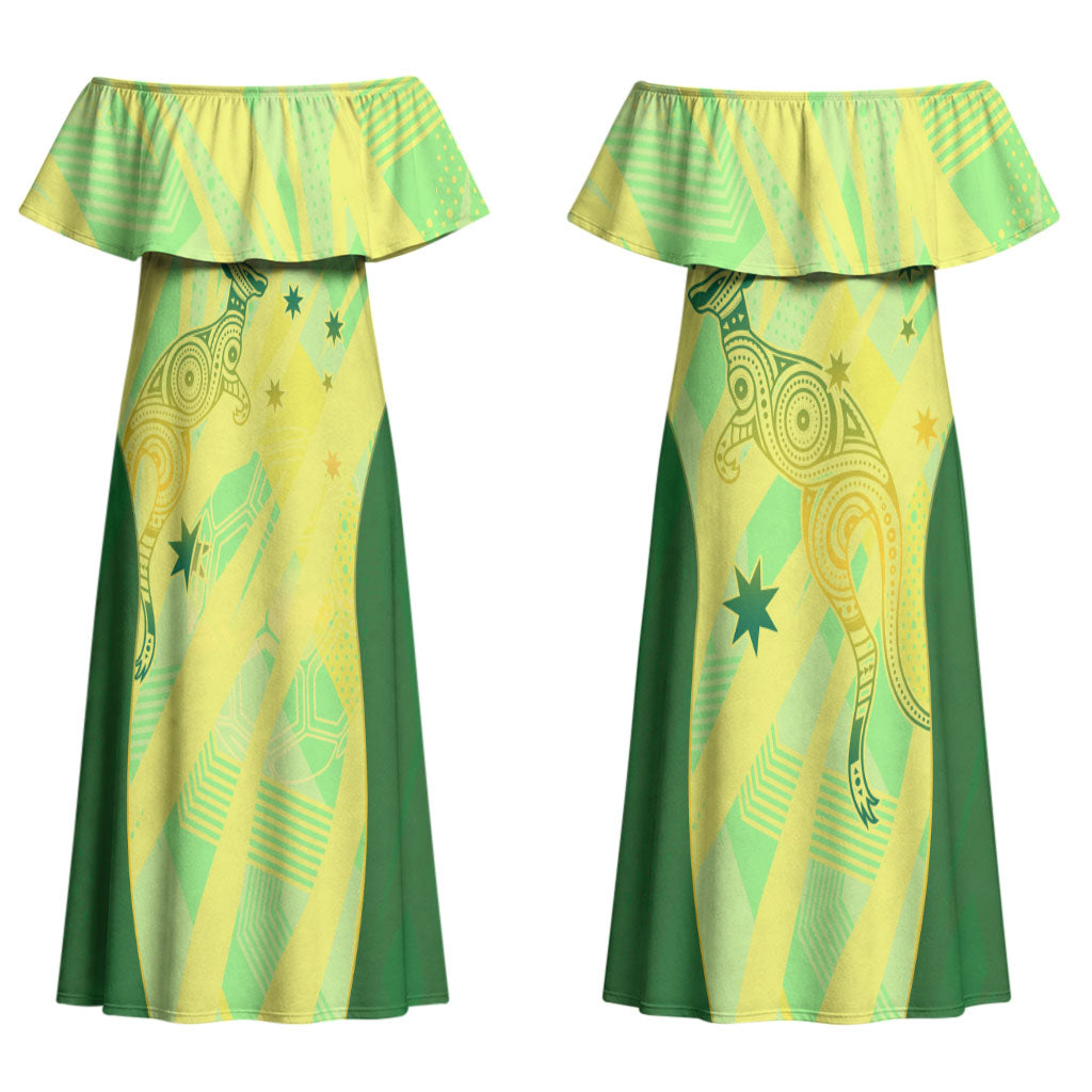 Matildas Australia Go Champions Couples Matching Off Shoulder Maxi Dress and Hawaiian Shirt Indigenous Dot Art Kangaroo Southern Cross Stars