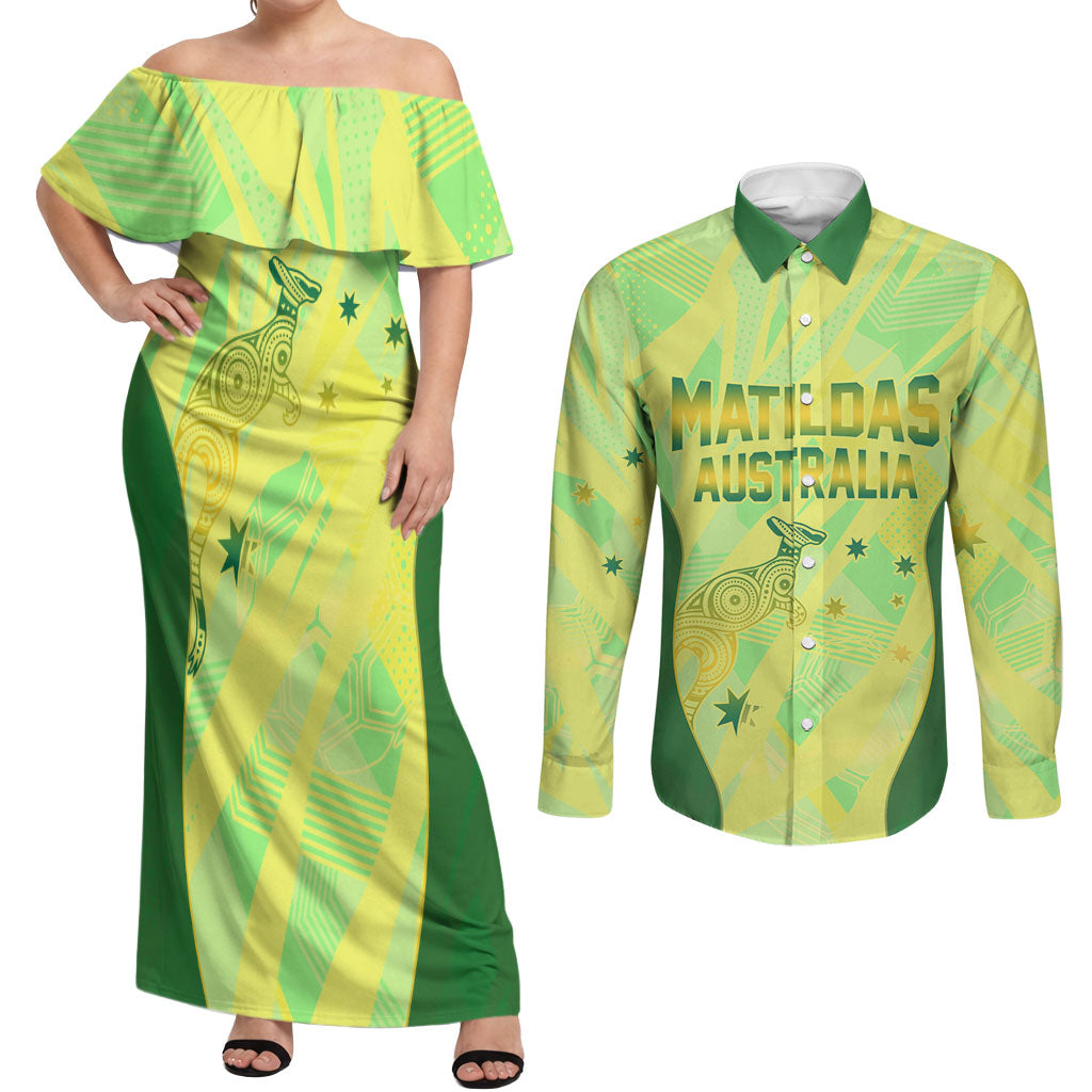 Matildas Australia Go Champions Couples Matching Off Shoulder Maxi Dress and Long Sleeve Button Shirt Indigenous Dot Art Kangaroo Southern Cross Stars