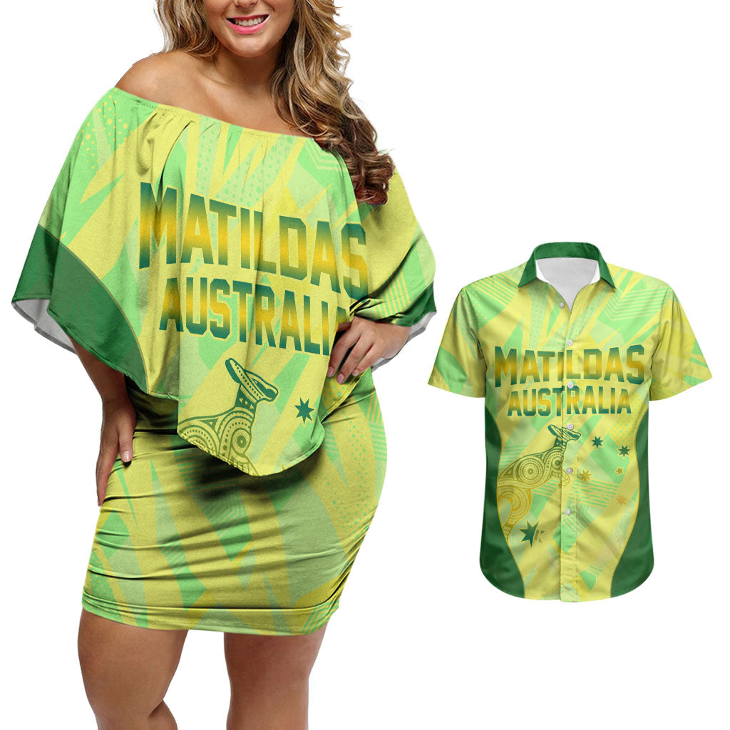 Matildas Australia Go Champions Couples Matching Off Shoulder Short Dress and Hawaiian Shirt Indigenous Dot Art Kangaroo Southern Cross Stars