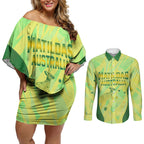Matildas Australia Go Champions Couples Matching Off Shoulder Short Dress and Long Sleeve Button Shirt Indigenous Dot Art Kangaroo Southern Cross Stars