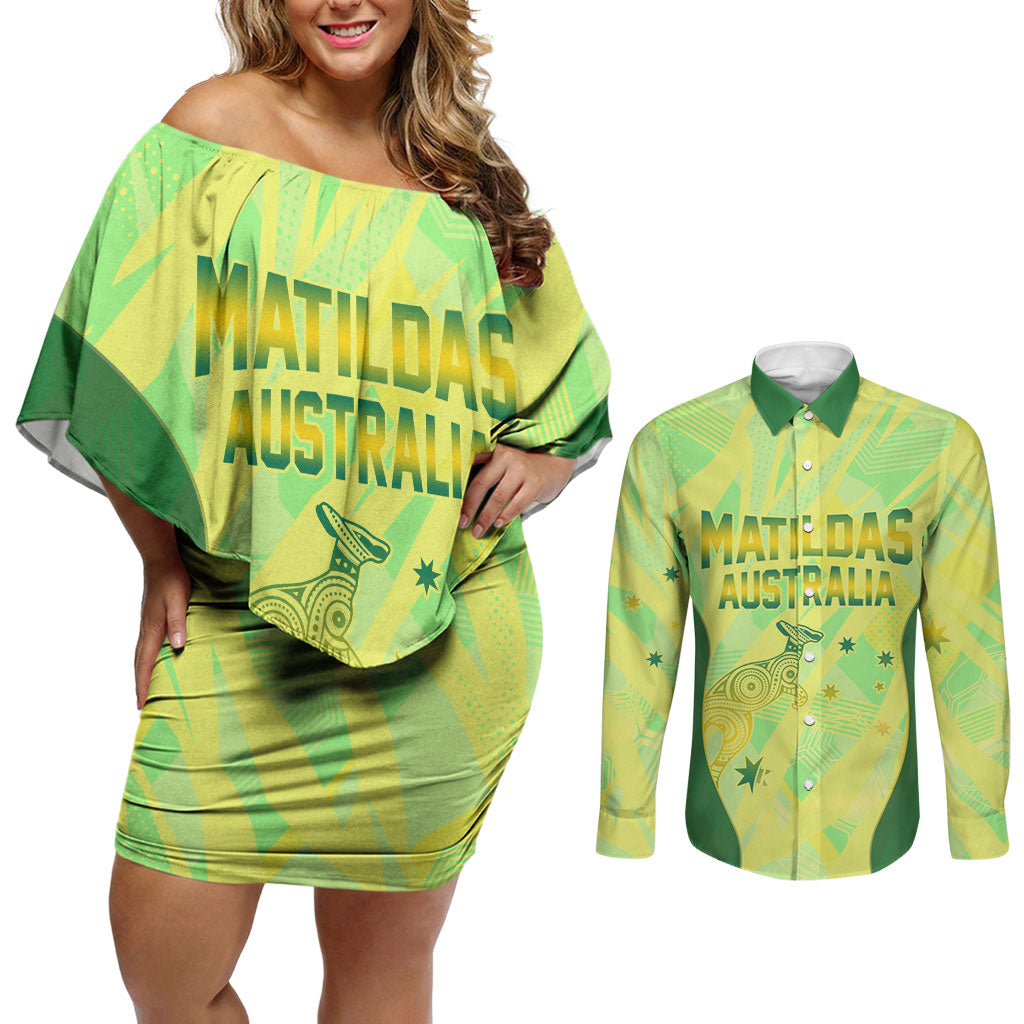 Matildas Australia Go Champions Couples Matching Off Shoulder Short Dress and Long Sleeve Button Shirt Indigenous Dot Art Kangaroo Southern Cross Stars