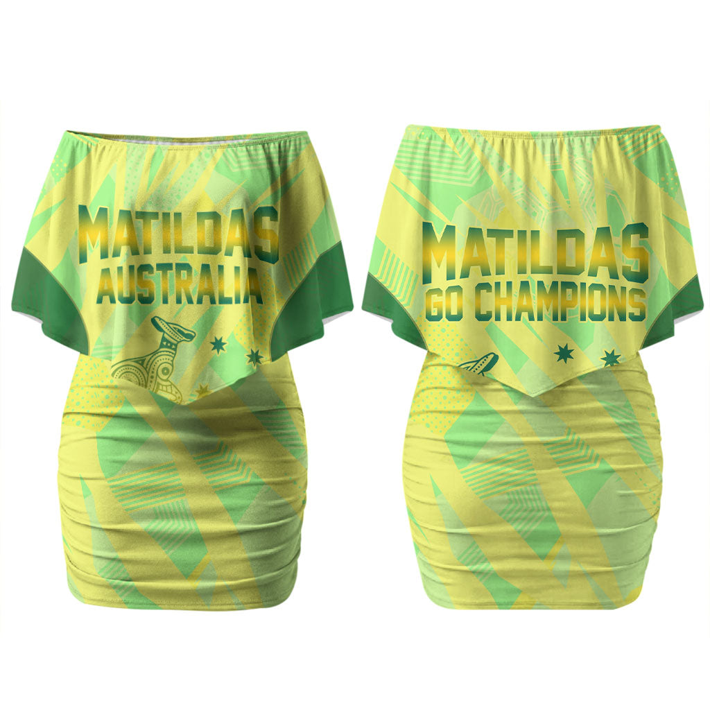 Matildas Australia Go Champions Couples Matching Off Shoulder Short Dress and Long Sleeve Button Shirt Indigenous Dot Art Kangaroo Southern Cross Stars