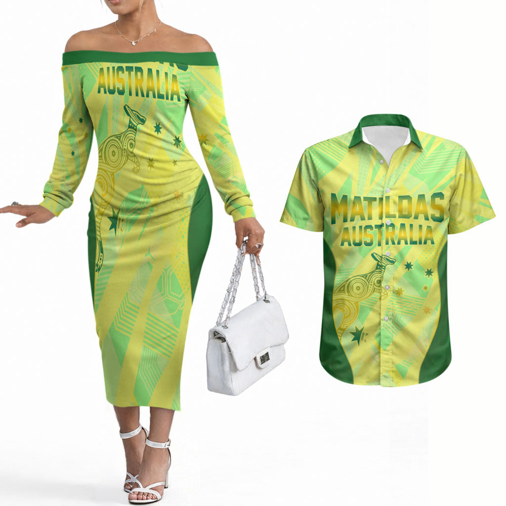 Matildas Australia Go Champions Couples Matching Off The Shoulder Long Sleeve Dress and Hawaiian Shirt Indigenous Dot Art Kangaroo Southern Cross Stars