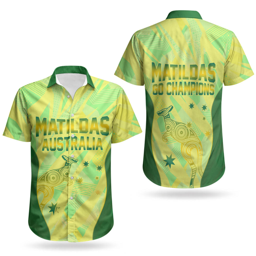 Matildas Australia Go Champions Couples Matching Off The Shoulder Long Sleeve Dress and Hawaiian Shirt Indigenous Dot Art Kangaroo Southern Cross Stars