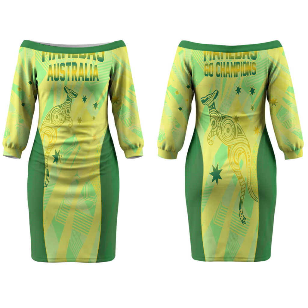Matildas Australia Go Champions Couples Matching Off The Shoulder Long Sleeve Dress and Hawaiian Shirt Indigenous Dot Art Kangaroo Southern Cross Stars