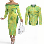 Matildas Australia Go Champions Couples Matching Off The Shoulder Long Sleeve Dress and Long Sleeve Button Shirt Indigenous Dot Art Kangaroo Southern Cross Stars