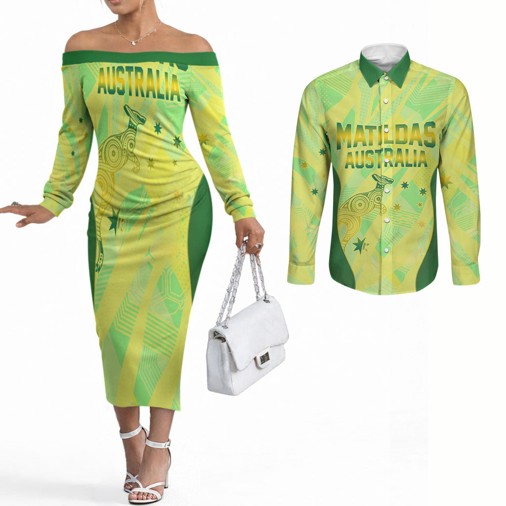 Matildas Australia Go Champions Couples Matching Off The Shoulder Long Sleeve Dress and Long Sleeve Button Shirt Indigenous Dot Art Kangaroo Southern Cross Stars