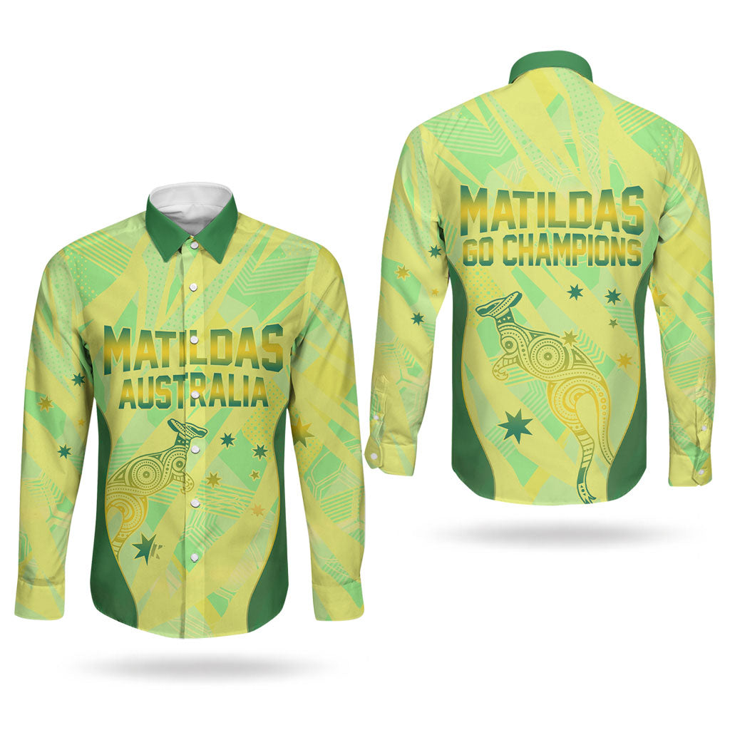 Matildas Australia Go Champions Couples Matching Off The Shoulder Long Sleeve Dress and Long Sleeve Button Shirt Indigenous Dot Art Kangaroo Southern Cross Stars