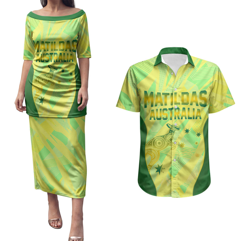 Matildas Australia Go Champions Couples Matching Puletasi and Hawaiian Shirt Indigenous Dot Art Kangaroo Southern Cross Stars