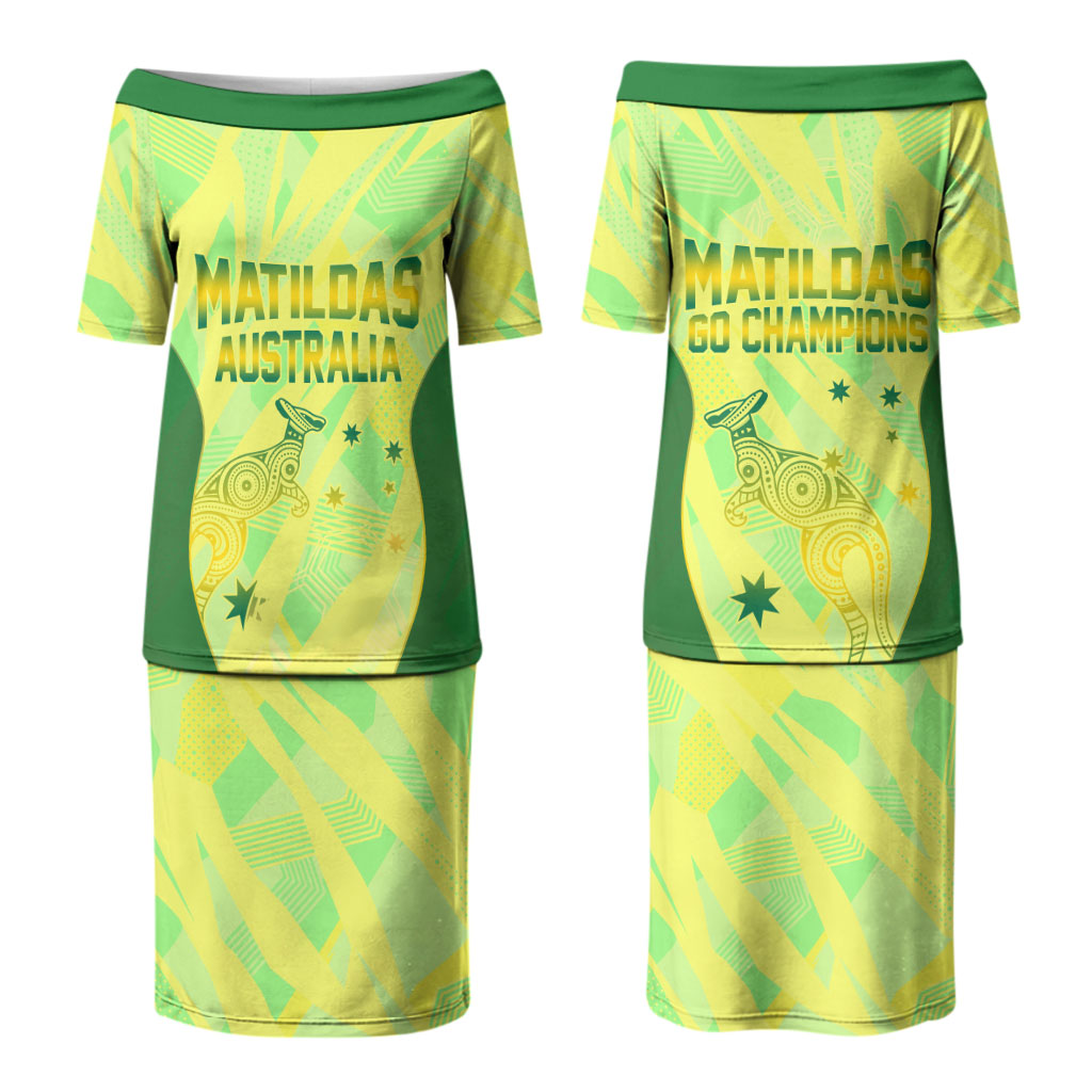 Matildas Australia Go Champions Couples Matching Puletasi and Hawaiian Shirt Indigenous Dot Art Kangaroo Southern Cross Stars
